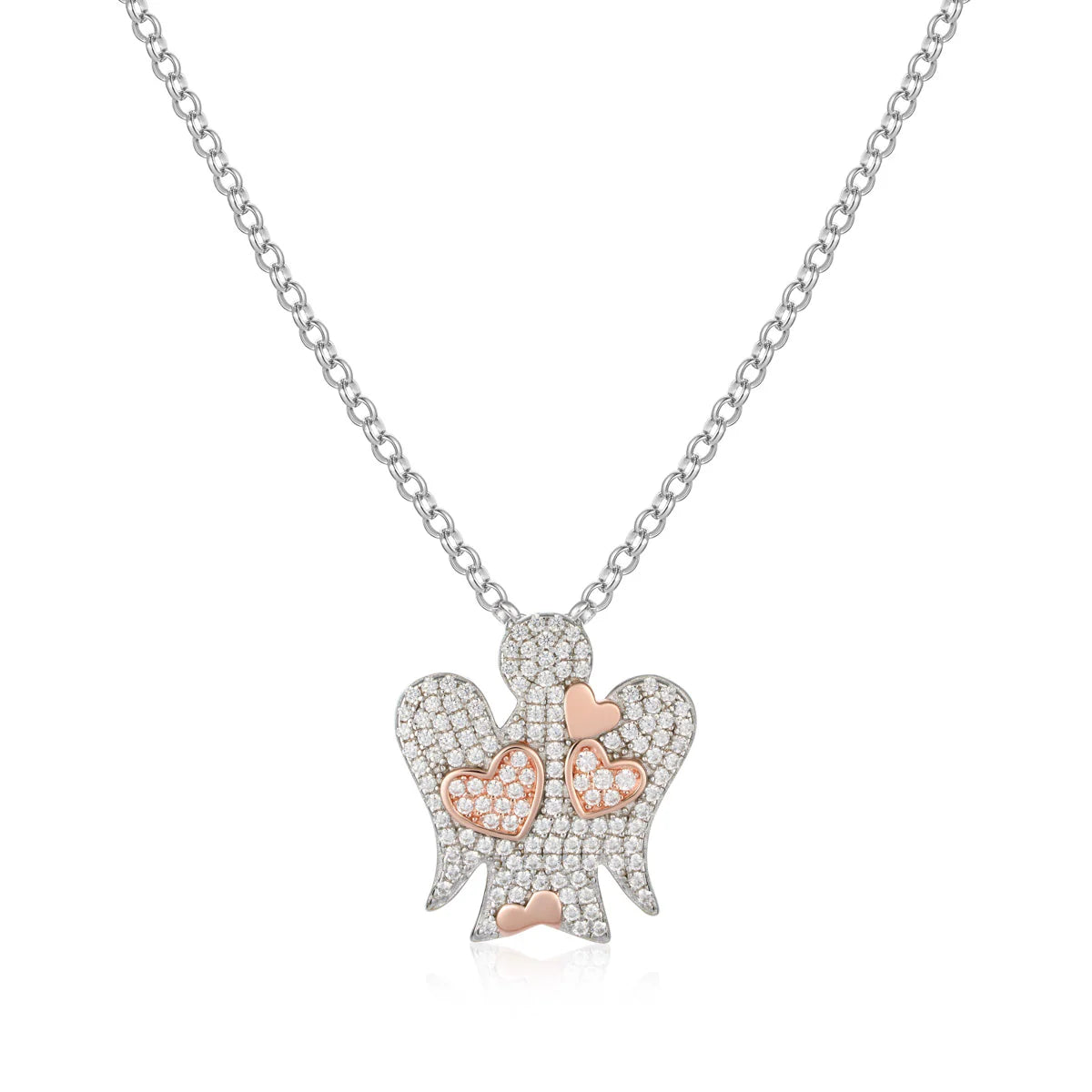 Collana In Argento Con Angelo, Cuori & Zirconi Bianchi      GIA358