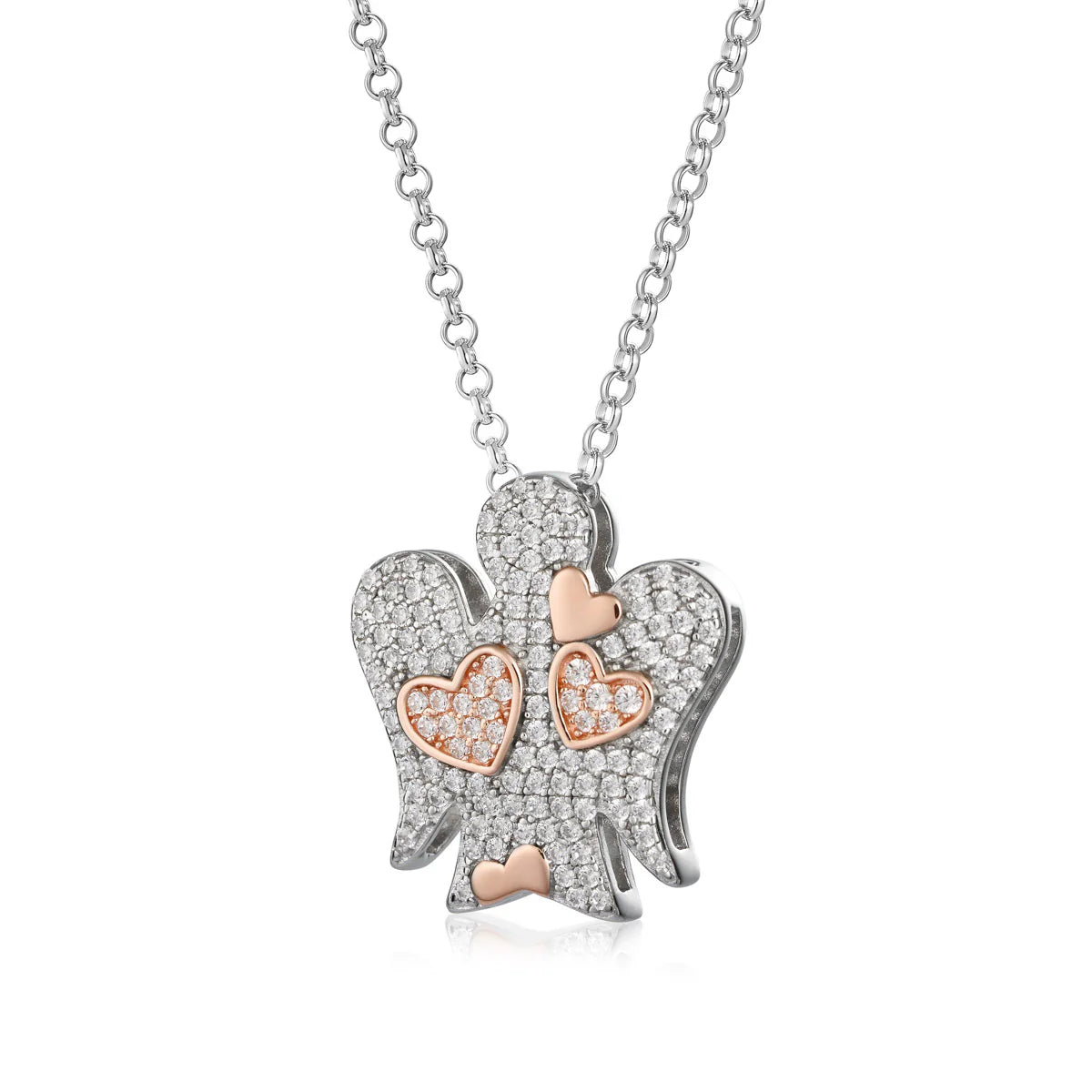 Collana In Argento Con Angelo, Cuori & Zirconi Bianchi      GIA358