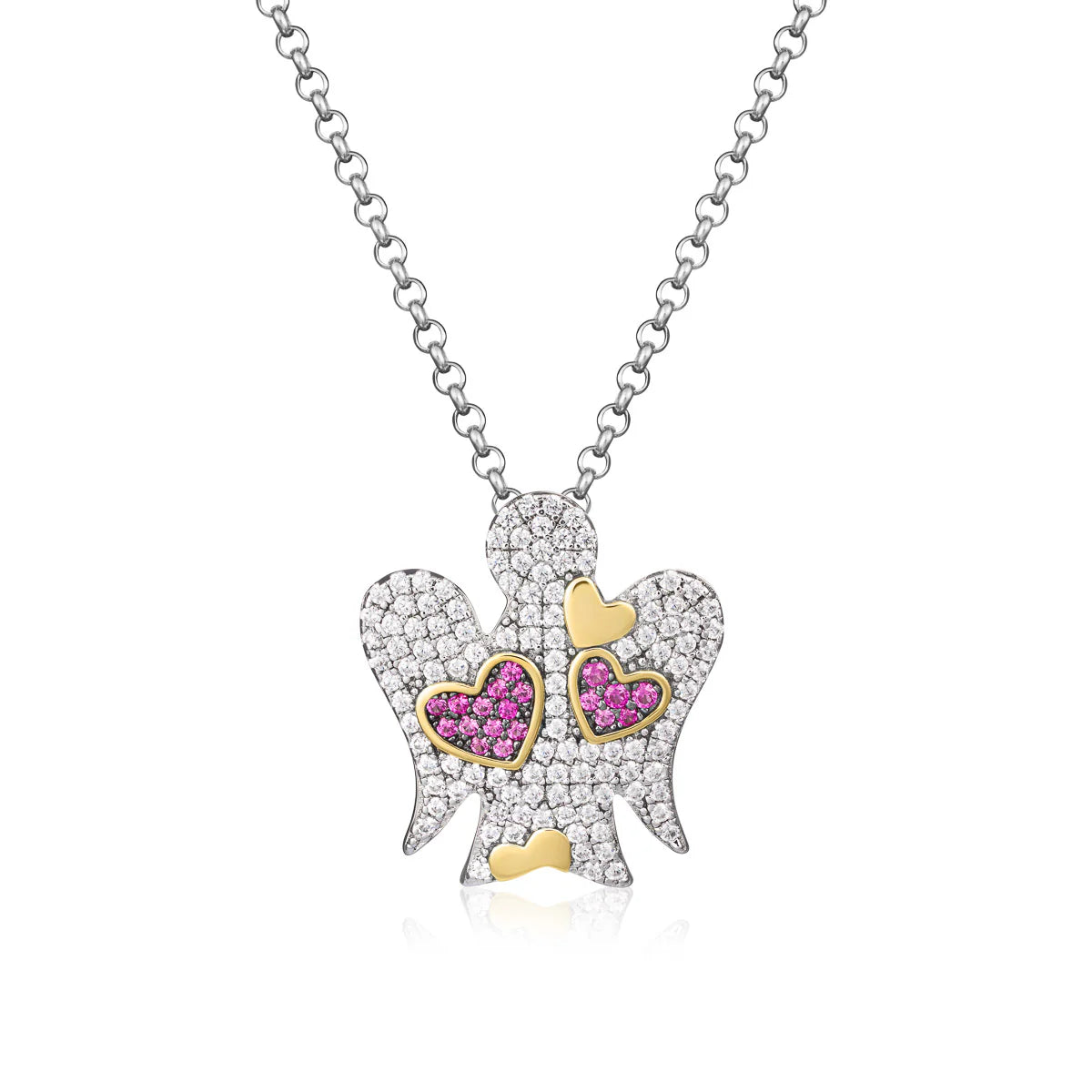 Collana in Argento Con Angelo, Cuori & Zirconi Rossi.   GIA371